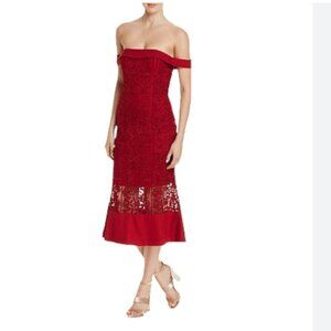 JARLO BURGUNDY RED EMBROIDERED LACE OFF THE SHOULDER MIDI COCKTAIL DRESS - 10
